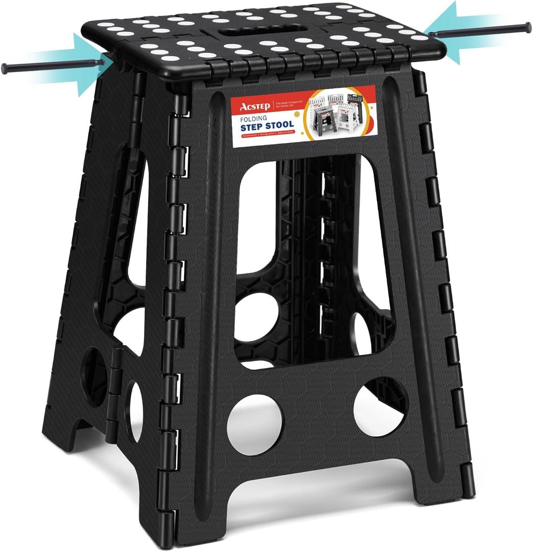 ACSTEP Folding Step Stool 17.5 Inch Heavy Duty Step Stool Foldable for Adults and Kids, Collapsible Stepping Stool with Handle, Non Slip Folding Stools for Kitchen Hold Up to 400lbs (Black 1PC)