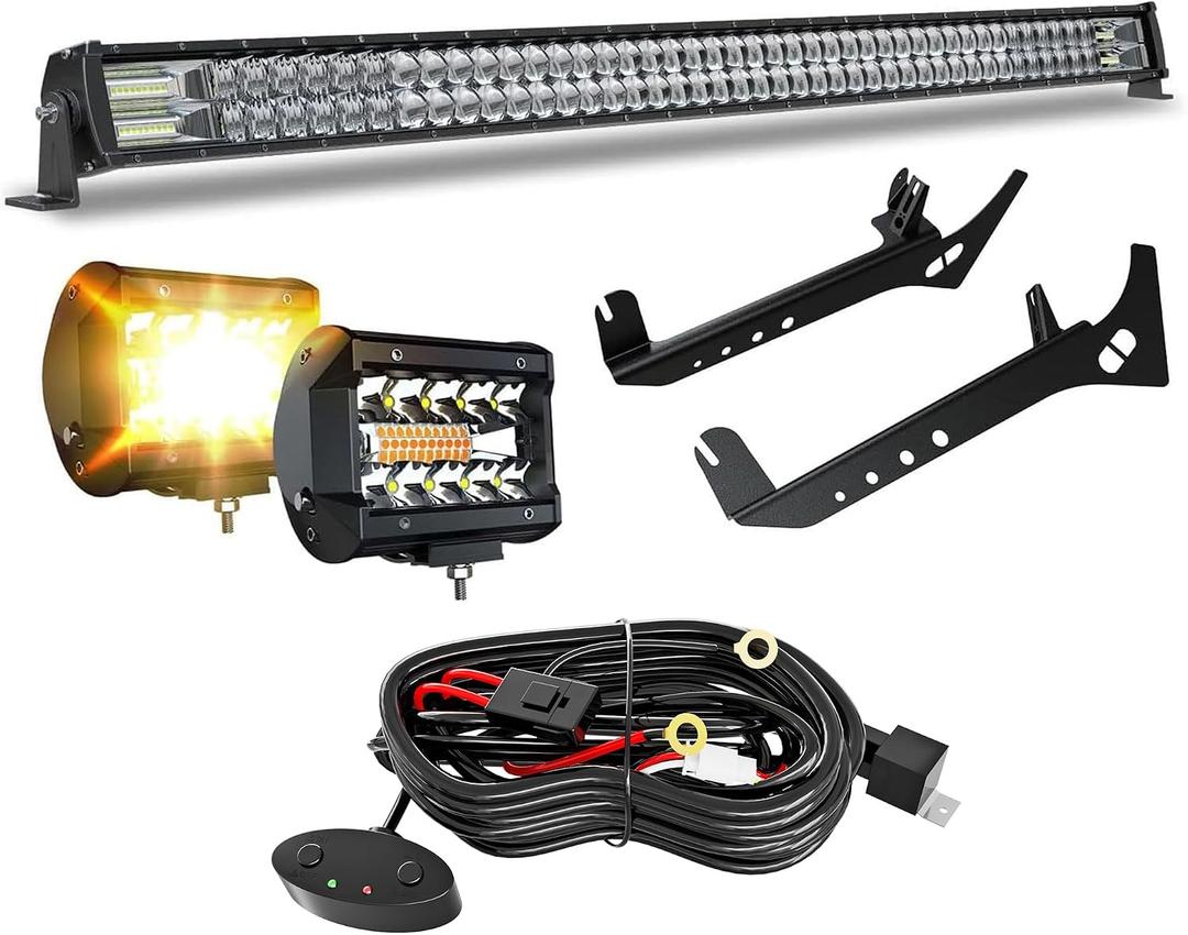 Fit 18-22 Jeep Wrangler JL/ 20-22 Gladiator JT 52" inch LED Light Bar 4 inch White/Amber Yellow LED Pods Strobe Fog Light Offroad with Upper Windshield Mounting Brackets Switch Wiring Harness