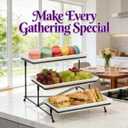 Farielyn-X 3 Tier Serving Tray, 12" White Plastic Tiered Food Serving Platters, Reusable Tray Stand Black Collapsible Metal Stand with Stable Cross Bars, Party Display Stands for Veggie Fruit, Dessert
