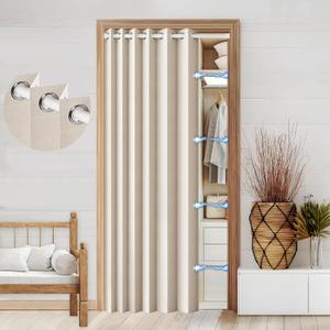 100% Blackout Faux Linen Doorway Curtain Accordion Style Doors for Doorway Magnetic Door Curtain, 80 Inch Room Divider Curtains for Cover, 1 Panel, W45 x L80, Sand