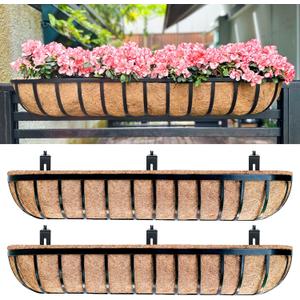 LaLaGreen Deck Railing Planters (48 Inch, 2 Pack) Extra Large Rectangular Railings Flower Box with Coco Liner, Black Metal Bracket Balcony Hanging Planter for Outdoor Plants Over Rail Fence Porch