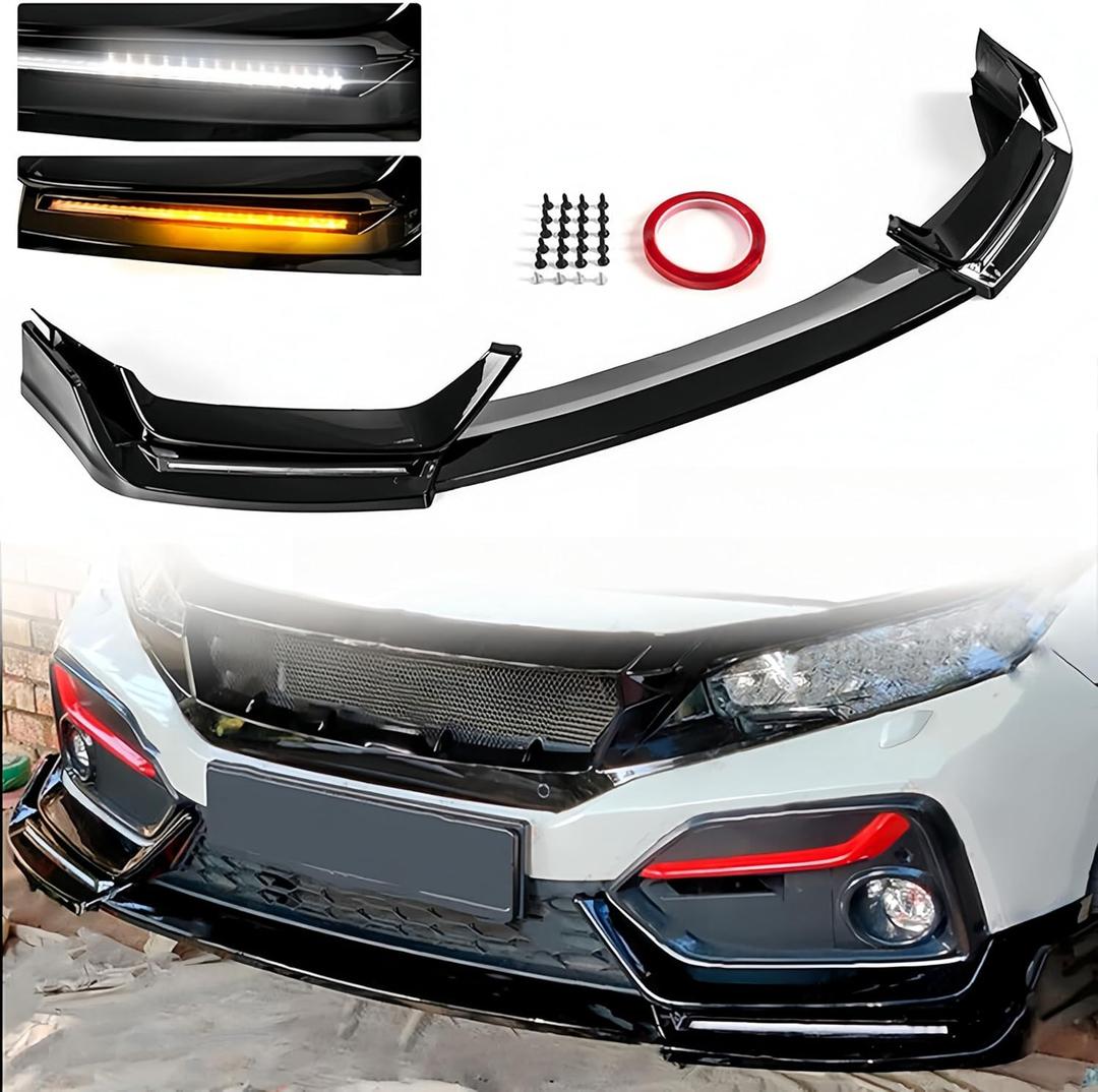 Front Bumper Lip Splitter with LED Light Compatible with 2017-2021 Honda Civic Hatchback & Si, Glossy Black Air Dam Spoiler with Daytime Running Lights Fit for 17-21, Lower Chin Protection