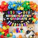 140pcs Kindergarten Graduation Party Decorations Kit Rainbow Balloon Garland Arch with Bear Foil Balloon, Star Balloons & Graduation Backdrop Banner for Kids Preschool Grad Party Supplies
