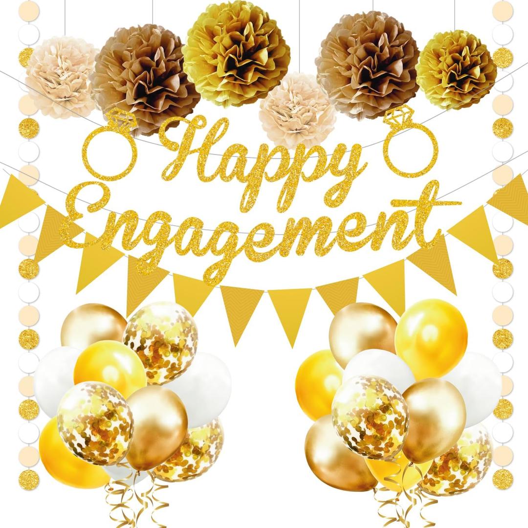 Engagement Party Decorations Set - Complete Kit with Gold Engaged Banner, Garland, 20 Balloons & 6 Pom Poms for Proposal & Engagement Celebration DecorComplete (Gold)