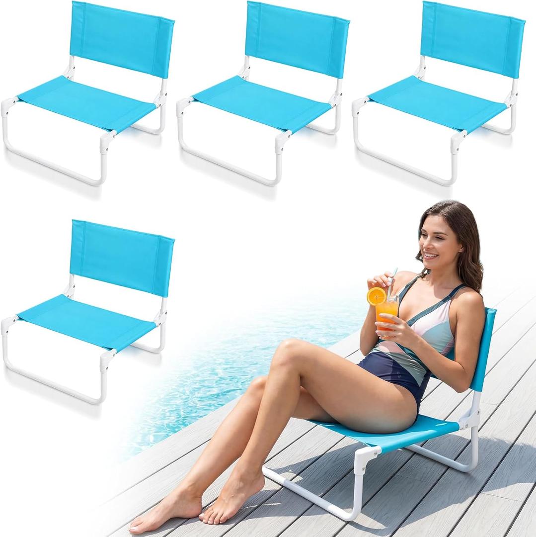 Sintuff 4 Pcs Blue Low Beach Chair for Adults Folding Portable Backpack Beach Chair with Shoulder Strap Poolside Lightweight Short Folding Flip Pool Seat for Edge of Pool Poolside Camping Picnic