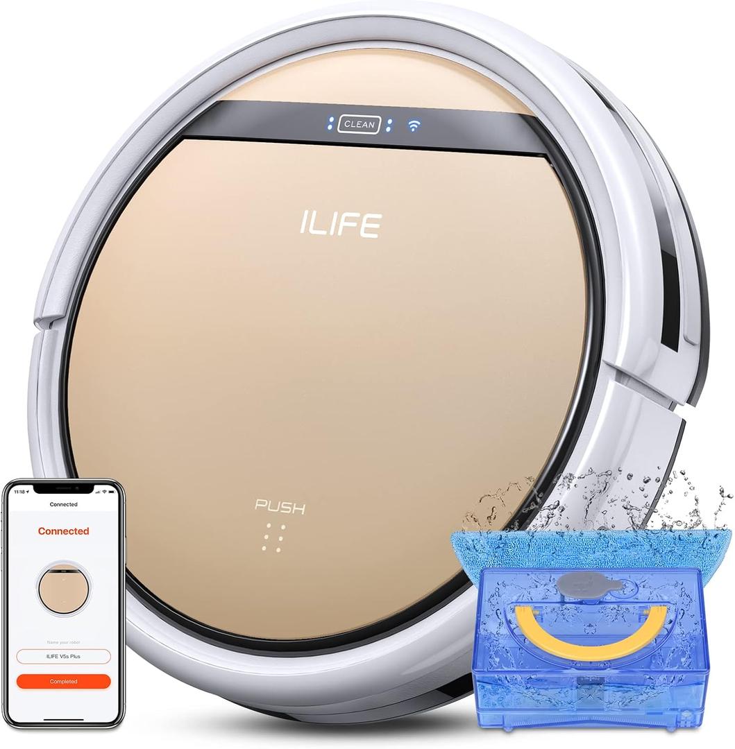 ILIFE V5s Plus Robot Vacuum and Mop Combo with Wi-Fi/ App/ Alexa, Automatic Self-Charging Robotic Vacuum Cleaner, Slim and Quiet, Cleans Hard Floors Carpets and Pet Hair (V5s Pro Upgrade Version), Gold