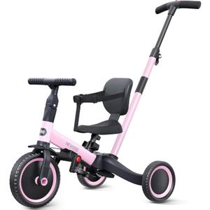 newyoo Toddler Tricycle,Toddler Bike,Birthday Gifts and Toys for 1-3 Year Old Boys and Girls, Trike with Push Handle, Backrest and Safety Belt, Balance Bike, TR007, Pink