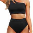 Tempt Me Women One Shoulder High Waisted Bikini Color Block Two Piece Swimsuits Cutout 2 Piece Bathing Suit (Large, Black)