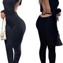 Womens Jumpsuit Long Sleeve One Piece Jumpsuits Leopard Print Sexy Backless Bodycon High Waisted Club Outfits Catsuits (Small, Solid Black)