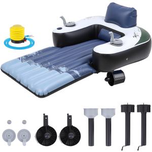 Motorized Pool Float for Adults, Inflatable Pool Lounger with Built in Dual Motor, Cup Holders, Backrest, Foot Pump for Lake, Beach, Summer Party, Color-Block