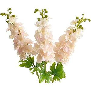 YalzoneMet Light Pink Artificial Delphinium Latex Flower 3 Pcs 31.5 inches Long Stem Fake Larkspur Lifelike Real Touch for Tall Vase Home Table Decor Wedding Arrangement Decoration (X070)