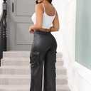 Ryehack Faux Leather Pants for Women Y2K High Waisted Wide Leg Cargo Pants PU Trousers with Pockets