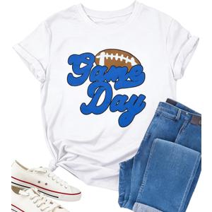 Game Day Shirts for Women Football Graphic Sunday Funday Tee Vintage Casual Football Season Short Sleeve Tee Tops (Medium, White)