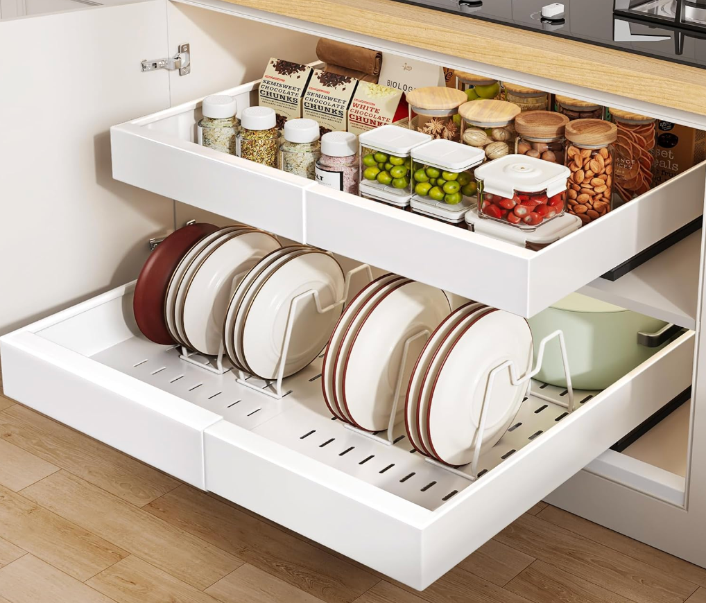 Seinloes 2Pack Pull out Cabinet Organizer 21"Deep with 4 Adjustable Dividers,Expandable（12.1"-20.4"W） Pots and Pans Organizer Under Cabinet with Raising Pad for Framed Cabinets,Slide out Drawers,White