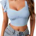 LYANER Women's Summer Sweetheart Blouse Smocked Backless Ruffle Sleeve Tank Crop Tops (Blue, XL)