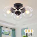 3-Light Modern Black Semi Flush Mount Ceiling Light Clear Glass Globe Ceiling Lights Mid Century Black Chandelier 3 Light Sputnik Ceilings Lights Fixture for Bedroom Hallway Entryway