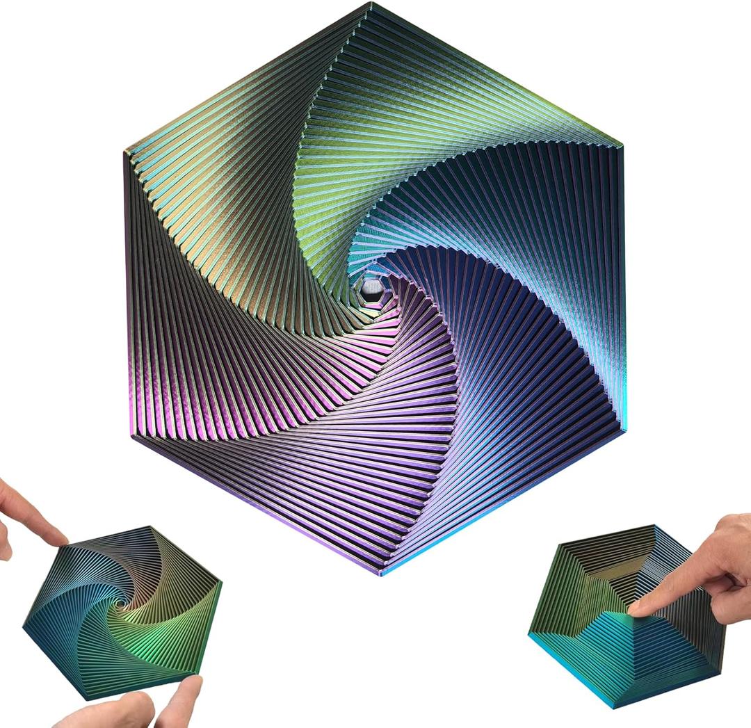 Fractal Fidget Hexagon, Kinetic Desk Spinning Toy, 35 Circles5.9x6.69in, Used for Anxiety Disorder ADHD, Adult Office Visual Illusion fingertip Toys (Blue-Yellow-Violet)