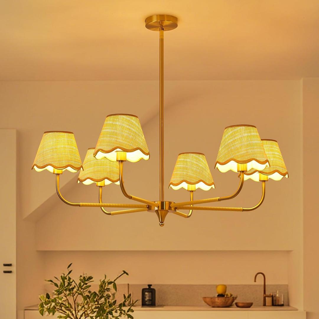 ZOOPEEN 6-Light Boho Rattan Chandelier for Dining Room, 37" Farmhouse Chandeliers Light Fixture, Adjustable Height Hanging Pendant Lighting Fixtures for Kitchen Island, Large Hand-Woven Ceiling Lights