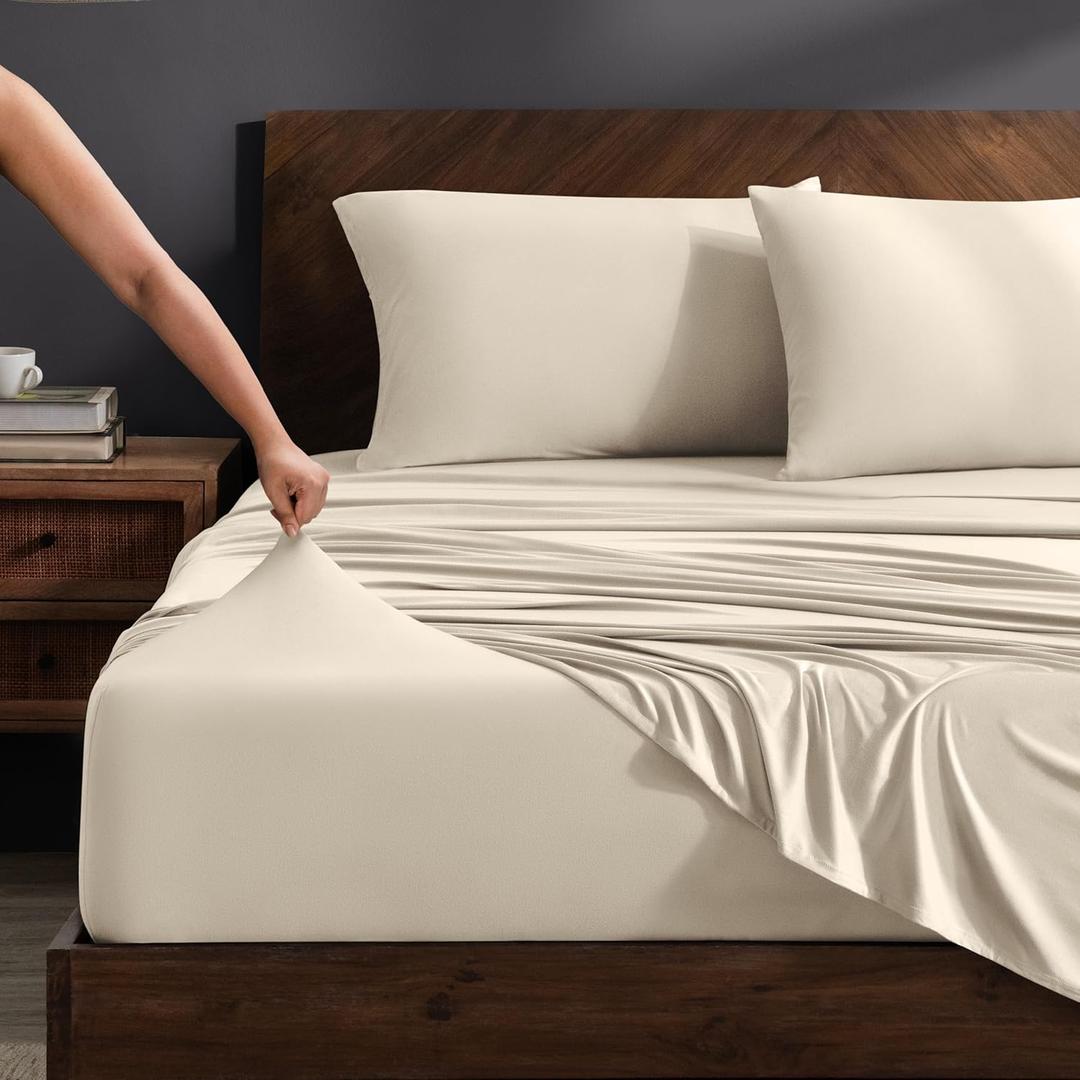 Bare Home Cooling Performance Jersey Knit Stretch Sheet Set, Moisture-Wicking & Breathable, 4-Way Stretch Bed Sheets, Envelope Pillowcases (Queen, White)