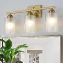 Stainless Steel Bathroom Vanity Light Over Mirror, 3 Light Brushed Gold Bathroom Light Fixtures with Milk Glass and Clear Glass Shades, Modern Vanity Lighting Wall Mount