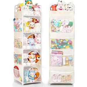 AXHOP Stuffed Animal Storage, 63.8" Toy Storage Organizer, 5 Shelves & 8 Side Pockets, Space-Saving Corner Solutions for a Kids' Bedroom, Playroom Beige