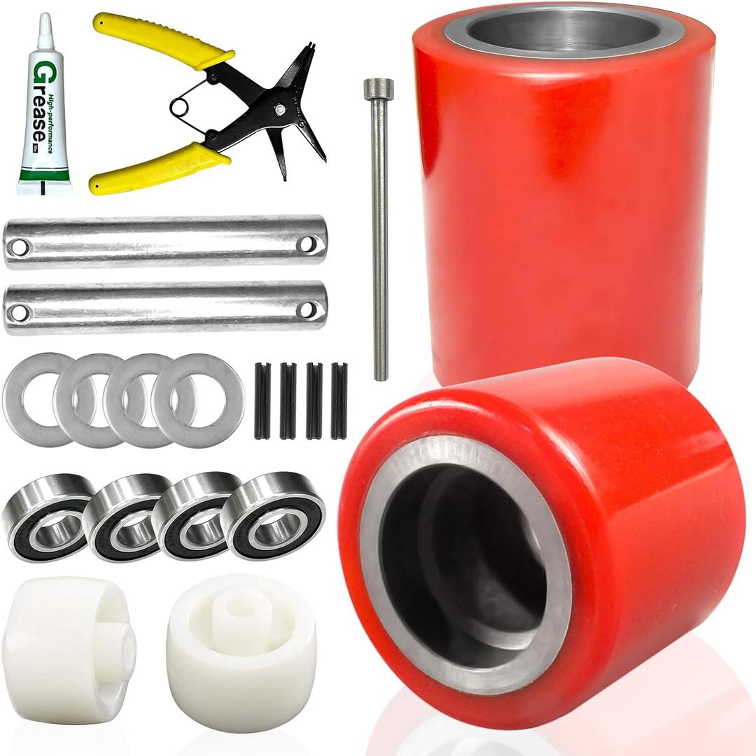 Pallet Jack/Truck Load Wheels Full Set with Axles and Entry Exit Roller 3" x 3.75" with Bearings ID 20mm Red Pallet Jack/Truck Polyurethane Load Wheels Kit