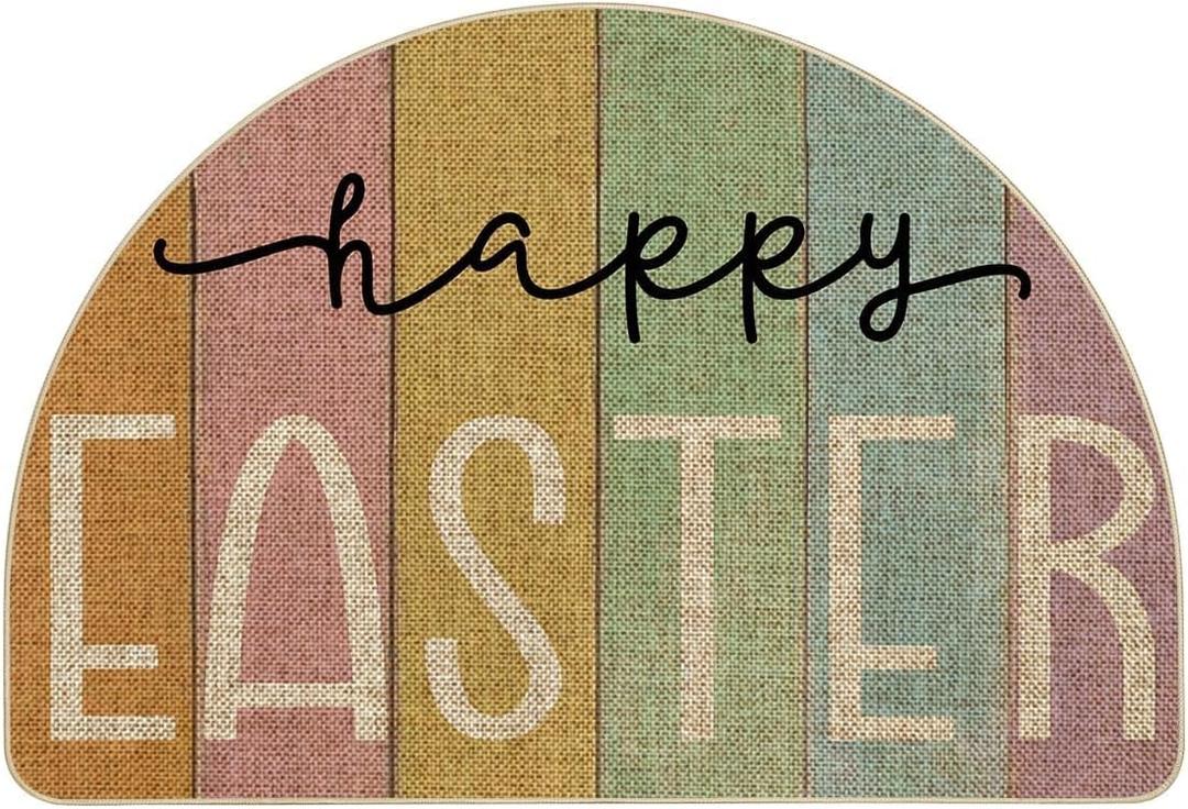 Artoid Mode Stripes Happy Easter Semicircular Doormat, Spring Home Decor Low-Profile Switch Rug Door Mat Floor Mat for Indoor Outdoor 24x35 Inch (Beige)