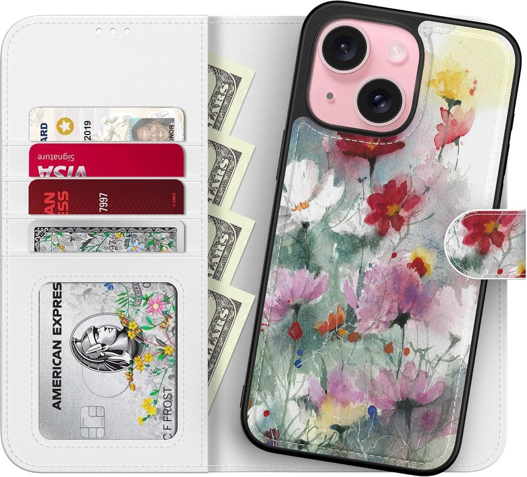 LUMARKE Designed for iPhone 13 Mini Wallet Case - Detachable Flip Folio Cover - RFID Blocking 4 Card Slots Holder - Leather Magnetic Kickstand - Protective Phone Case 5.4",Designer Flowers Print