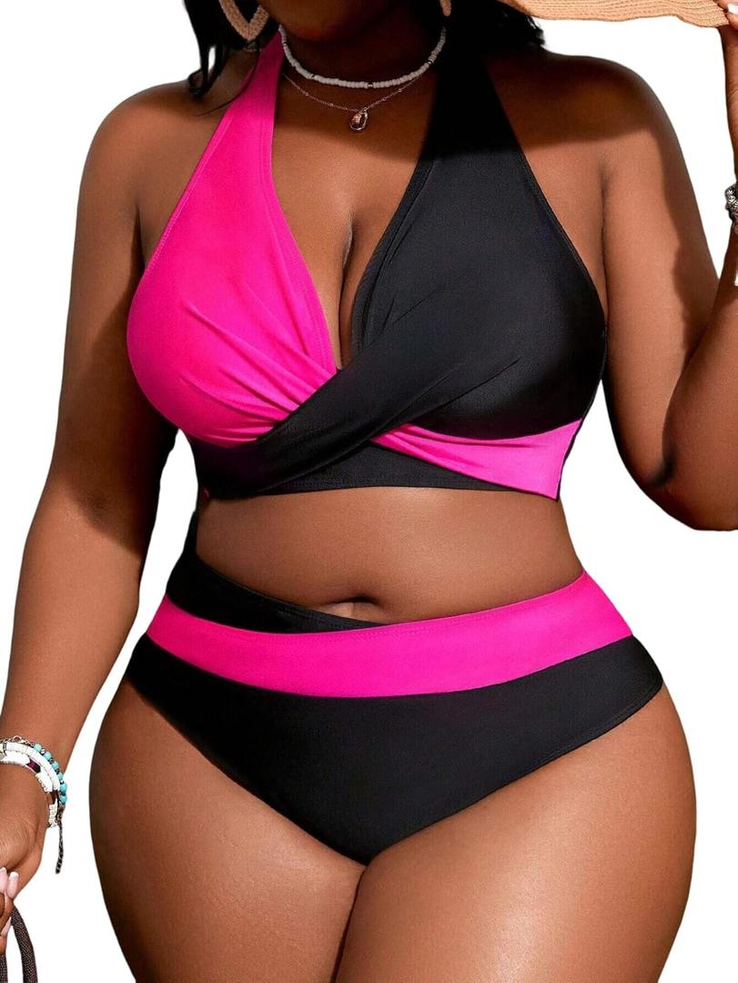 HYTENSUN Women' s Plus Size Bikini 2 Piece Color Block Swimsuits High Waisted Tummy Control Bathing Suit Adjustable Tie Strap (Large, 184 Black+ Rose Red) HYTENSUN Women' s Plus Size Bikini 2 Piece Color Block Swimsuits High Waisted Tummy Control Bathing Suit Adjustable Tie Strap (Large, 184 Black+ Rose Red)