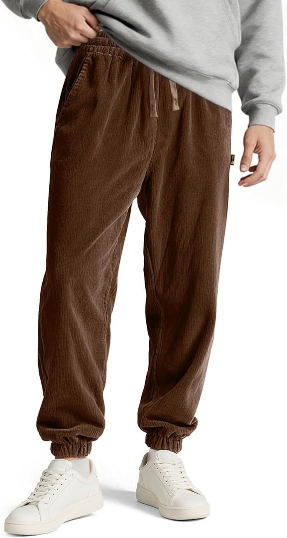 Comdecevis Mens Corduroy Pants Stretch Joggers Tapered Elastic Waist Drawstring Cargo Casual Baggy Sweatpants with Pockets (Brown, XXL)