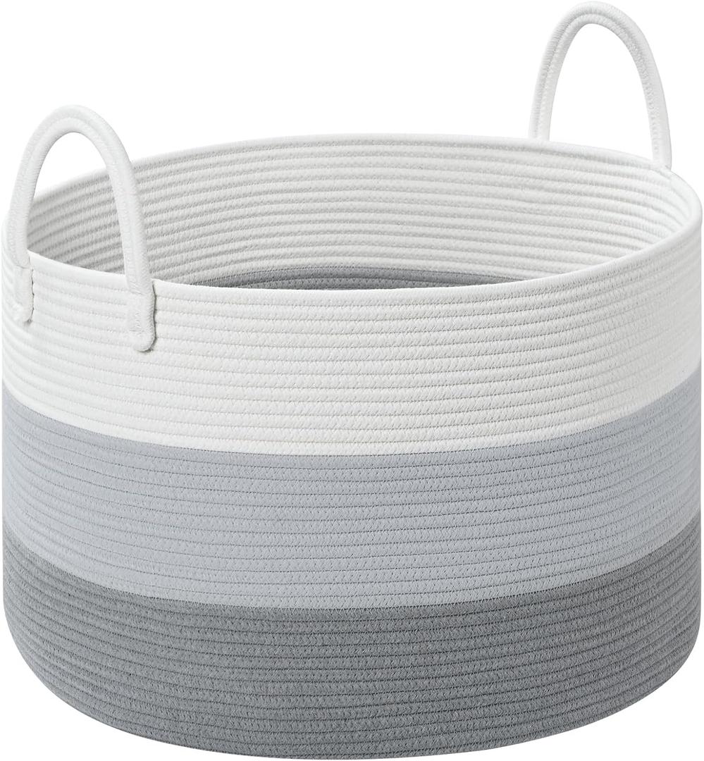 Storage Basket for Organizing, 20"13" Large Laundry Baskets, Cotton Rope Woven Blanket Basket, Toy Storage for Kids, Collapsible Blankets Storage for Living Room, Nursery Room (3-toned Gray)