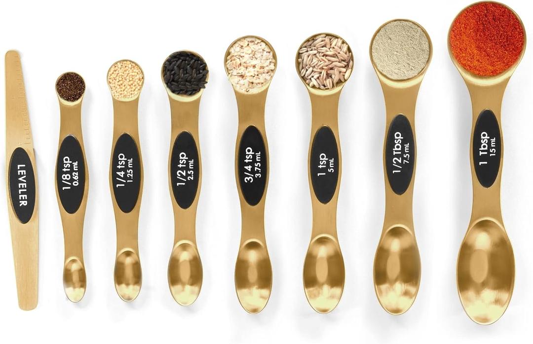 Magnetic Measuring Spoons Set Stainless Steel with Leveler, Stackable Metal Tablespoon Measure Spoon for Baking, Measuring Cups and Spoon Set Kitchen Gadgets Apartment Essentials Fits in Spice Jars (Gold)