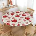 Valentines Day Round Tablecloth Fitted Best for 40"-44" Beige Red Heart Table Cloth Vintage Elastic Edge Water-Resistant Washable Love Decoration Table Cover for Party Picnic Indoor Decor