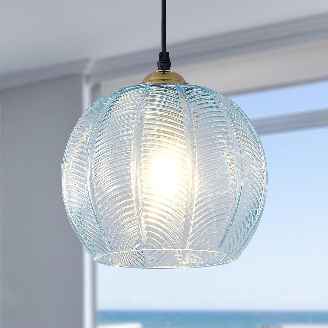 Blue Glass Pendant Light, Single Large 9.8-Inch Globe Shade Hanging Chandelier, Hand Blown Glass Ball Pendant Light Fixtures for Kitchen Island, Staircase, Dining Room, Living Room, Bedroom
