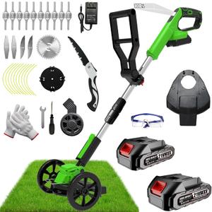 Electric Weed Wacker Cordless Eater Lightweight Edger Battery Powered Grass Trimmer/Lawn Edger/Mower/Brush Cutter, with 5 Types Blades and 2 Types Wheels for Yard and Garden Weeder Tool-Green