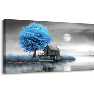 JEAWA Landscape Canvas Wall Art Decor - Blue Gray Wall Art for Bathroom Bedroom Study Dining Room, Winter Wall Art Canvas Paintings, Moon Pictures Wall Decor, Tree Art Wall Decor, 20x40 IN (40L" x 20W")