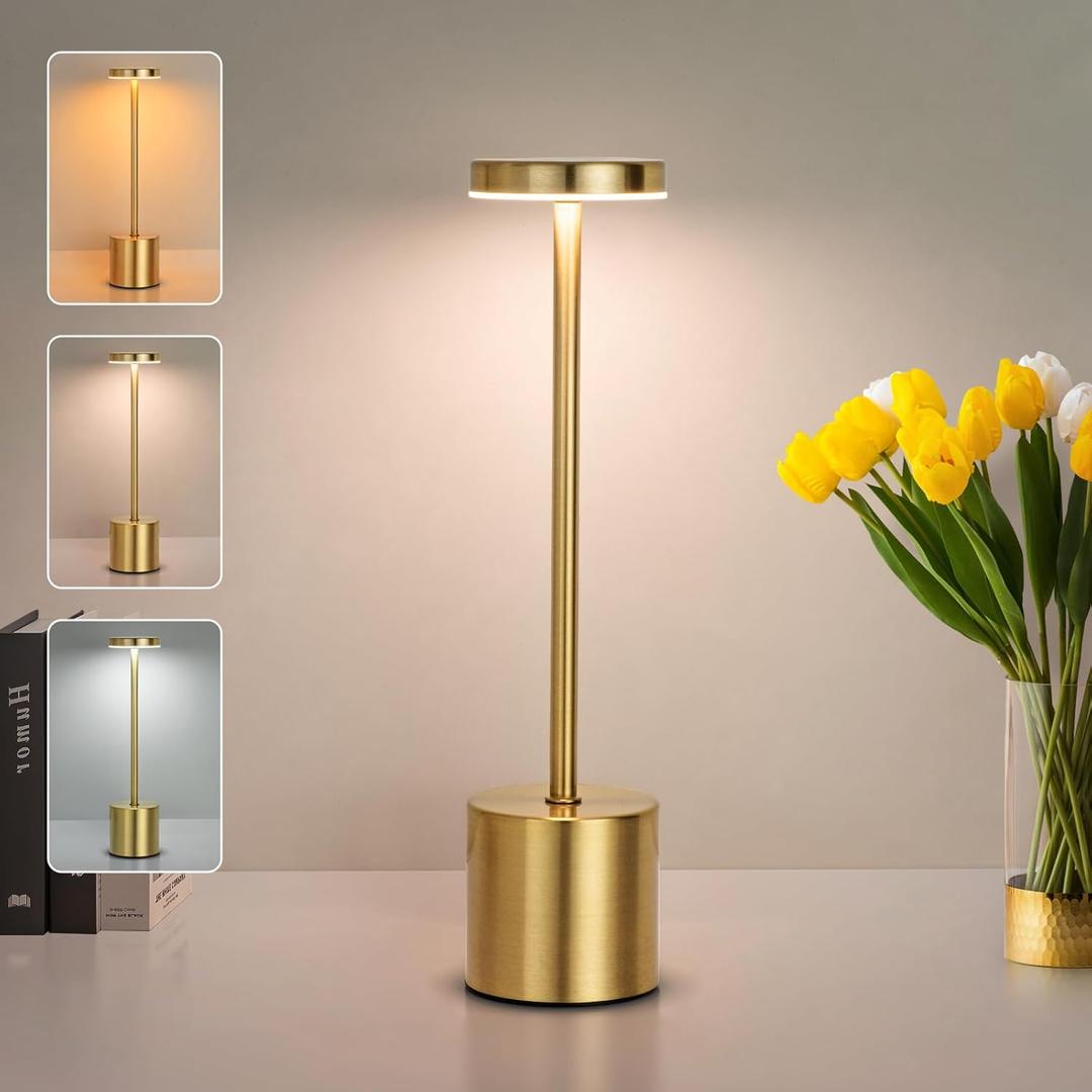 Gold Cordless Table Lamp,Rechargeable 5200mAH Battery Operated Touch Desk Lamp,3 Color Stepless Dimming Up Bedside Lamps,Modern Portable LED Small Desk Light for Bedroom/Restaurant Lighting (1 Pack)