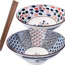 Japanese Porcelain Ramen Bowl and Chopstick Set of 2 Large Ceramic Instant Noodle Bowls for Pho Lamian Noodles