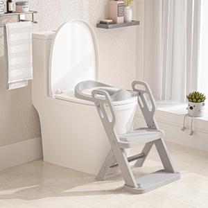 Toddler Potty Training Toilet Seat-Alongside Foldable Potty Train Chair Adapter, Potty Seats with Steps Ladder for Toddlers Kids, Boys, Girls, Child, Baby, and Must-Haves Portable Step Stool Supplies (Gray)