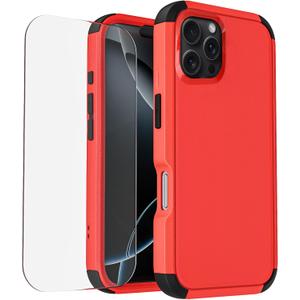 Compatible with iPhone 16 Pro Phone Case with Tempered Glass Screen Protector - 3 in 1 Shockproof Shock-Resistant Drop Protection Non-Slip Protective Case for Apple iPhone 16 Pro 6.3" (RedBlack)