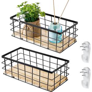 Funrous 2 Pcs Metal Small Wire Basket Wall Hanging Wire Basket Hang Small Bathroom Kitchen Storage Organizer Toilet Paper Mesh Storage Bin Shelf Rack with Base(Black,11.42 x 5.12 x 3.94 Inches)