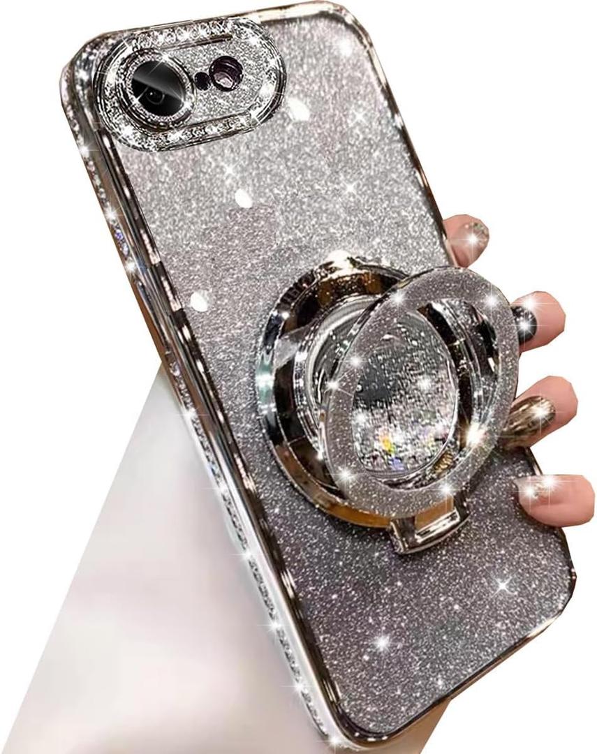 Glitter Kickstand Case for iPhone 17e/iPhone 16e,Cute Bling Sparkly Diamond Rhinestone with Camera Protector Liquid Flowing Ring Stand Soft TPU Women Girls Case for iPhone 17e/16e 6.1",Silver