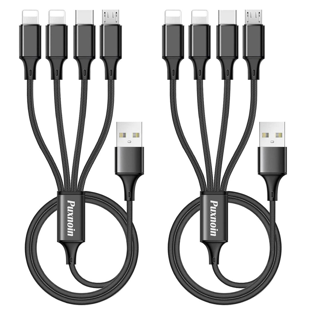 Puxnoin Multi Charging Cable, 2Pack 4FT 4 in 1 Charging Cable for Multiple Devices, Braided Universal Phone Charger Cord with Type-C, Micro USB, IP Port for iPhone16/15/14/Android Phones and More