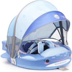 Mambobaby Baby Pool Float with Canopy & Tail Baby Swim Float Non-Inflatable Solid Baby Float Soft Waterproof Skin-Friendly Material Infant Swim Float for 3-24 Months Baby Boys Girls(Shark) (Shark Blue Deluxe Edition)