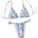 Women's 2 Piece Bathing Suit Graphic Boho Triangle Swimsuits Thong Cheeky Floral Bikini Set (S, Blue and White)
