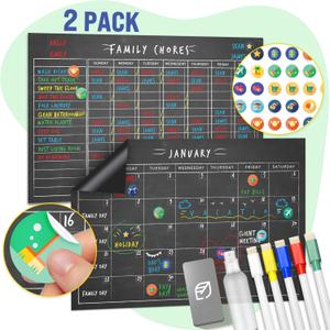 Magnetic Chore Chart & Calendar Set - 11" x 17", Weekly Menu Board & Meal Planner for Refrigerator - Reusable Dry Erase, Includes Markers & Eraser
