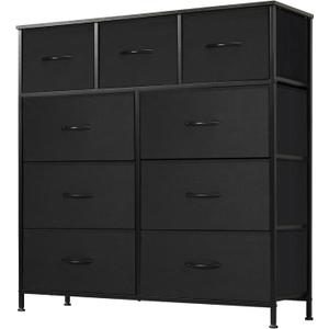 DUMOS Dresser for Bedroom, Storage Organizer with 9 Drawers, Chest of Drawers with Fabric Bins, Sturdy Metal Frame, Wood Tabletop for Guest Room, Closet, Entryway, Nursery (Black)
