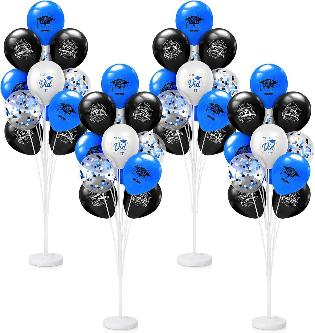 Kasyat 4 Set Blue and Black Graduation Balloons Stand High 53 Inch Class of 2026 Balloon Column Stand Kit Congrats Grad Latex Balloons for Graduation Floor Table Centerpieces Party Decoration