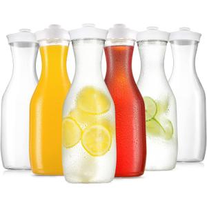 6 Pack Large 50 Oz Water Carafe with White Flip Top Lid, Clear Plastic Juice Jar Containers, Mimosa Bar Beverage Pitcher BPA Free - for Water, Iced Tea, Juice, Lemonade, Milk, Soda —HAND WASH ONLY