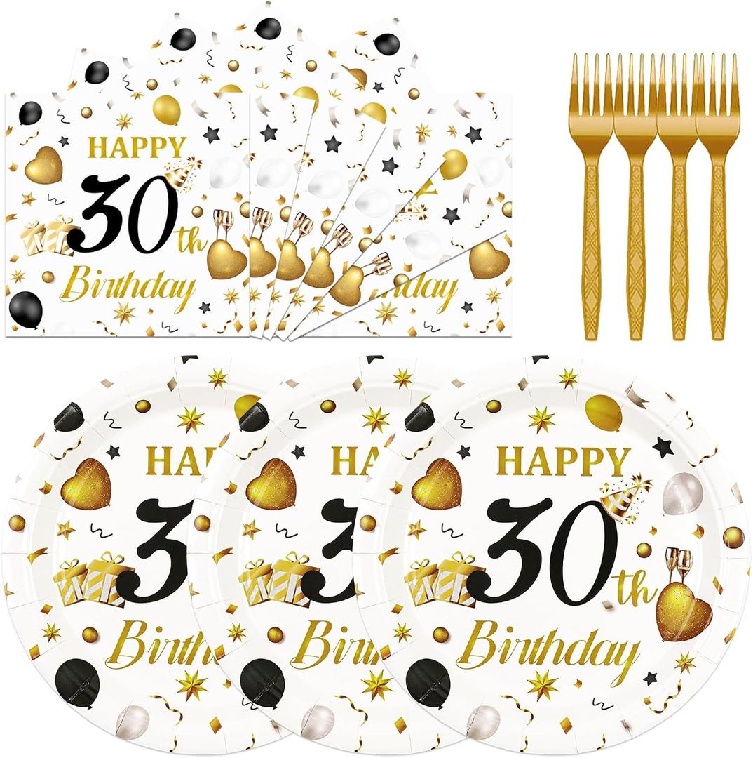 75PCS 30th Birthday Plates and Napkins Party Decorations, 7 Inch White and Gold Happy 30th Birthday Paper Dessert Cake Plates and Napkins Set Disposable Tableware Party Favors for Women Men
